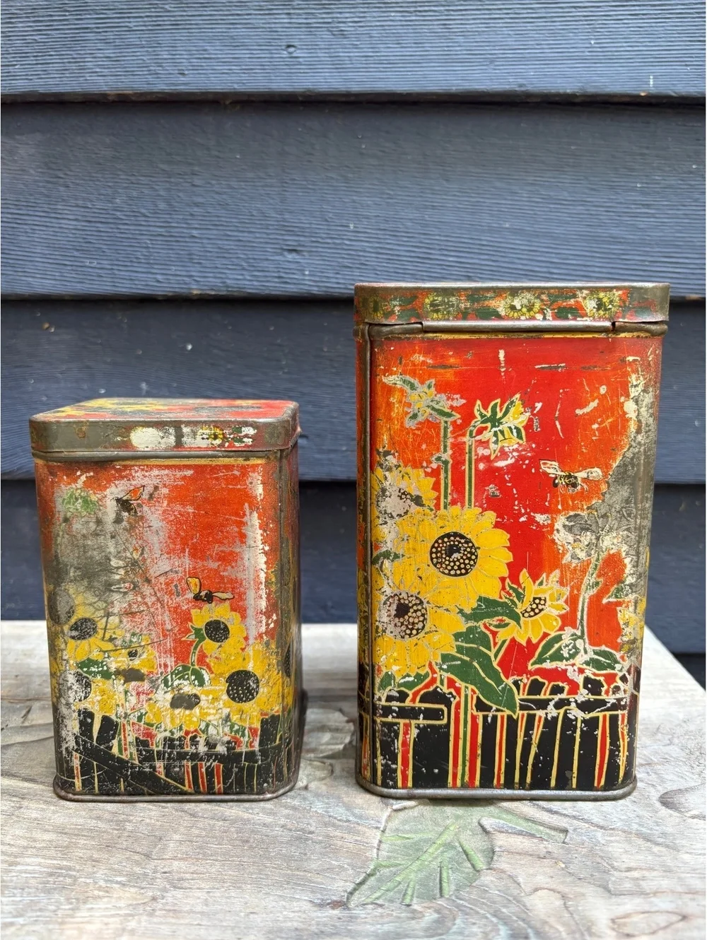 Antique Tetley Formosa Oolong Tea Tins, Distressed, Sunflower, Pair